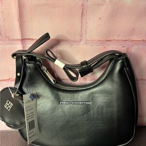 French Connection Black Leather Crescent Shoulder Bag with Logo